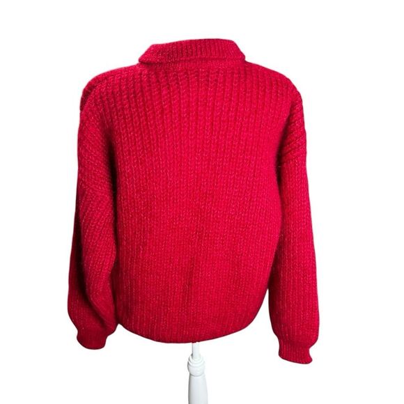 Vintage Handloomed Ireland Mohair Wool Sweater Red Chunky Knit Collared Pullover - Picture 4 of 6